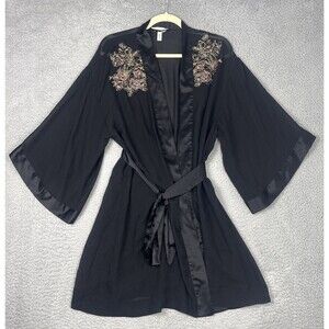 Soma Kimono Robe Small/Medium Attached Belt Bathrobe Short Length Black
